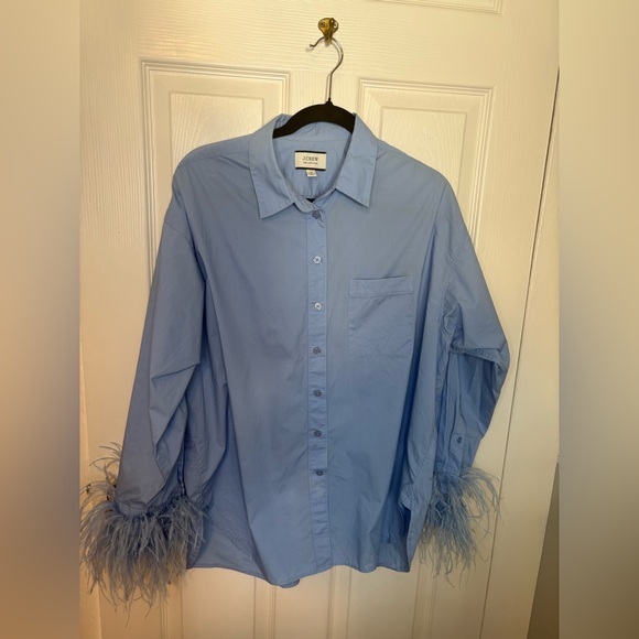 J.Crew Collection Feather Trim Poplin Button-Up Shirt | Size 14 | Blue - Picture 4 of 15